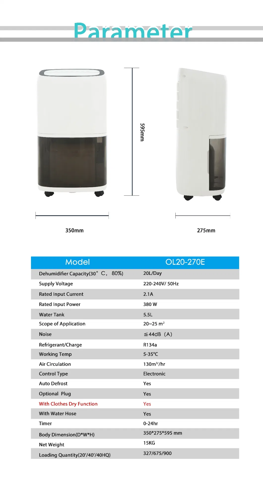 Moisture Absorbing Household Use Dehumidifier with 20L/Day Capacity