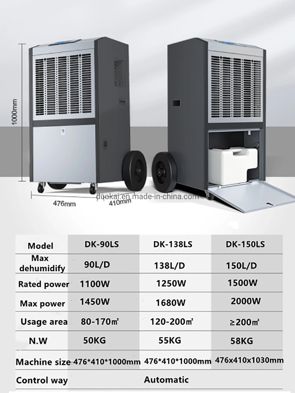 Duokai Best Selling 90L/D Big Wheels Portable Commerical Industrial Refrigerated Dehumidifier for Basements and Large Room