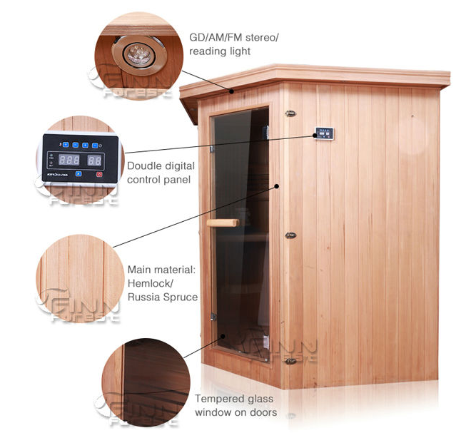 2-3 Person Wooden Mini Home LED Light Hotel Dry Steam Sauna Room