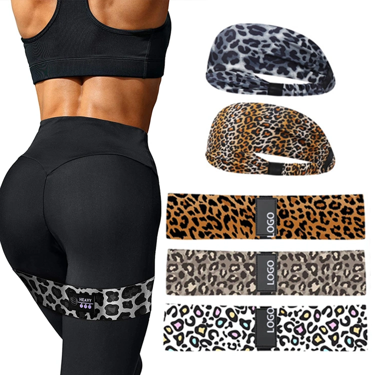 Wholesale Leopard Booty Lift Bandas De Resistencia Resistance Bands for Women, Custom Sports Sweatbands Headbands + Gym Home Yoga Fitness Hip Bands Set