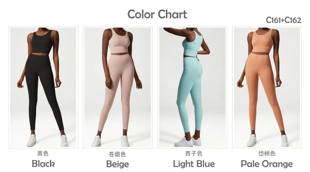 Detachable Chest Pad Lengthen Hem Slim Fit Yoga Bra Top Side Pocket Design Elastic Band in Waist Tummy Control Leggings Suit