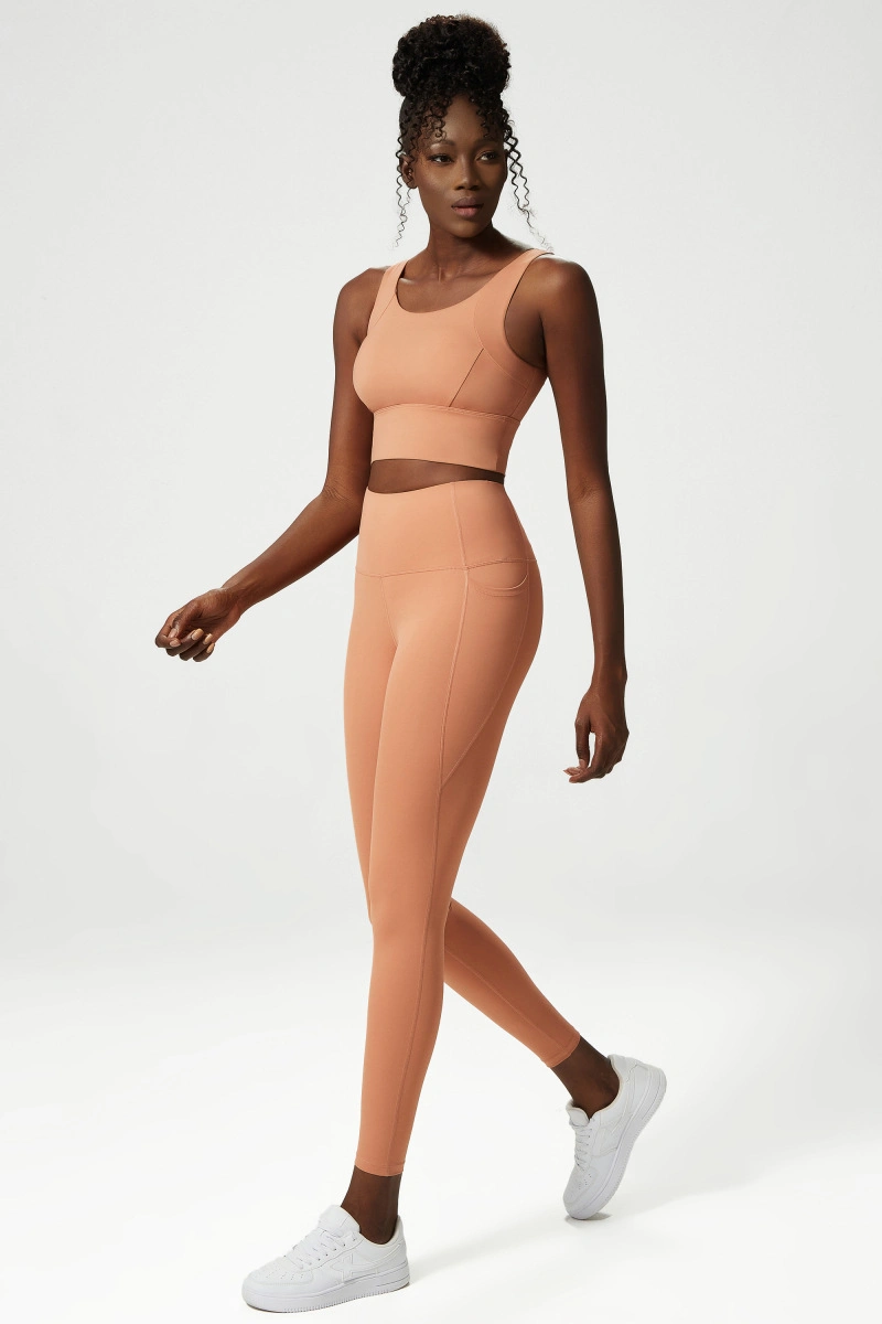 Detachable Chest Pad Lengthen Hem Slim Fit Yoga Bra Top Side Pocket Design Elastic Band in Waist Tummy Control Leggings Suit