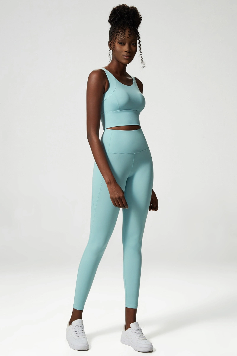Detachable Chest Pad Lengthen Hem Slim Fit Yoga Bra Top Side Pocket Design Elastic Band in Waist Tummy Control Leggings Suit