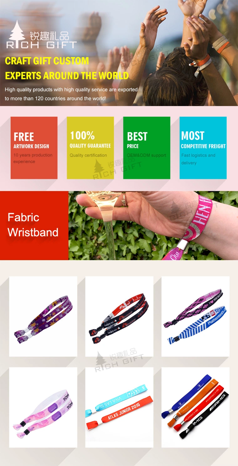 Promotion Custom Fashion Festival Event Printed Rainbow Elastic RFID Textile Polyester Fabric Bracelet Coachella Friendship Satin Ribbon Nylon Woven Wristband