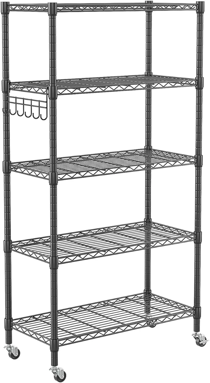 Adjustable Storage Racks and Shelving, Heavy Duty Rolling Metal Shelves with Side Hooks for Laundry Bathroom Kitchen Garage Pantry Organization, Black