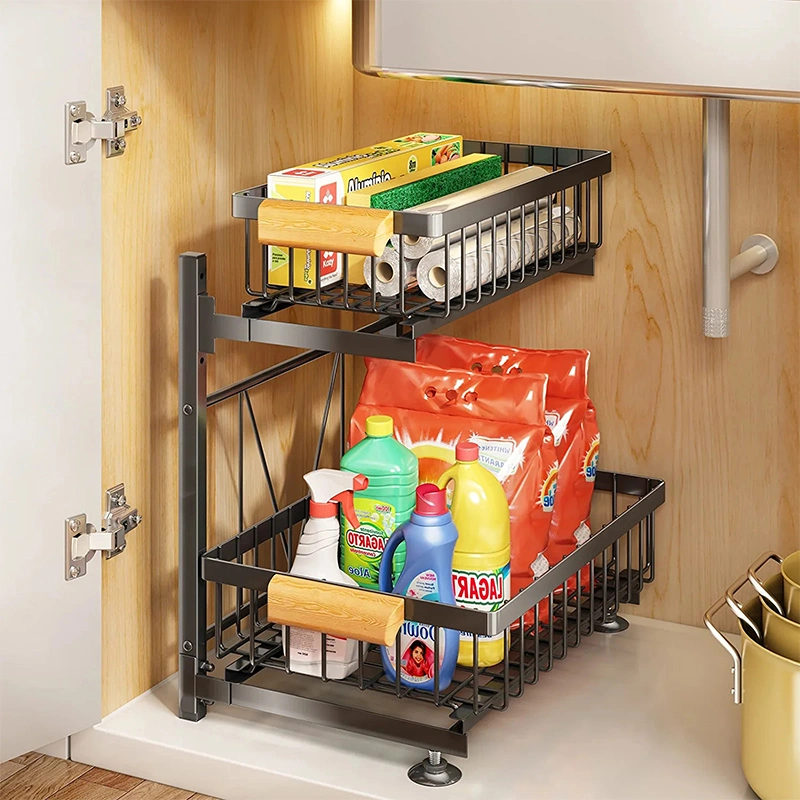 2023 New Kitchen Under Sink Organizer Rack with Sliding Storage Drawer and Wooden Handle