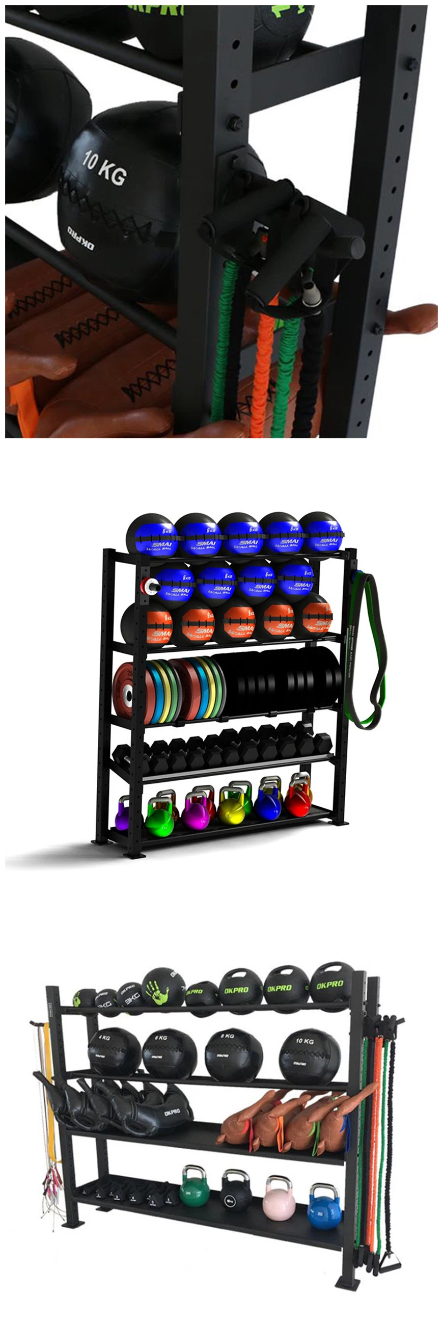 Gym Multi Storage Rack Hot Sale 4 Layer Gym Storage Equipment Slam Ball Wall Ball Medicine Ball Kettlebell Dumbbell Rack Weight Plate Rack with Wheel