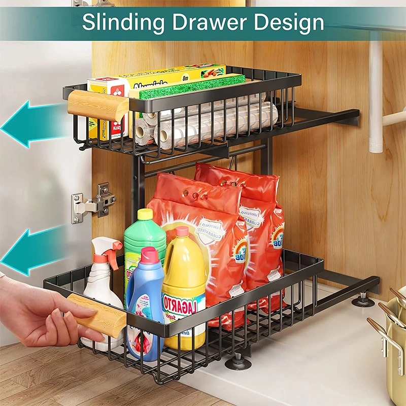 2023 New Kitchen Under Sink Organizer Rack with Sliding Storage Drawer and Wooden Handle