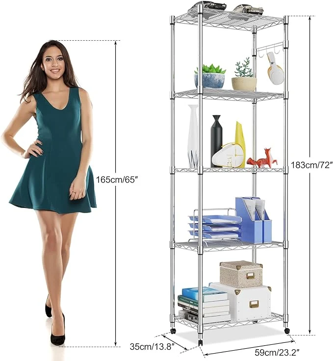 Steel Wire Shelving Unit on Wheels, Chrome Shelves for Garage Kitchen Living Room, Heavy Duty Shelving Rack