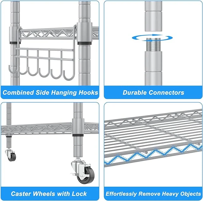 Heavy Duty Wire Storage Racks and Shelving, Metal Shelves for Storage with Side Hooks for Pantry Closet Kitche