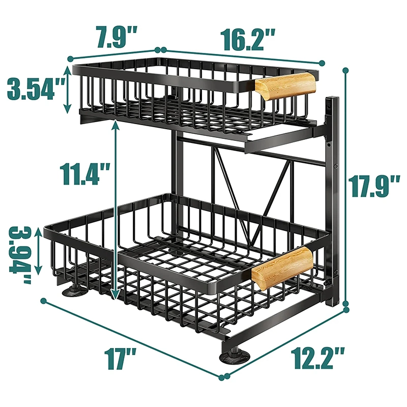 2023 New Kitchen Under Sink Organizer Rack with Sliding Storage Drawer and Wooden Handle