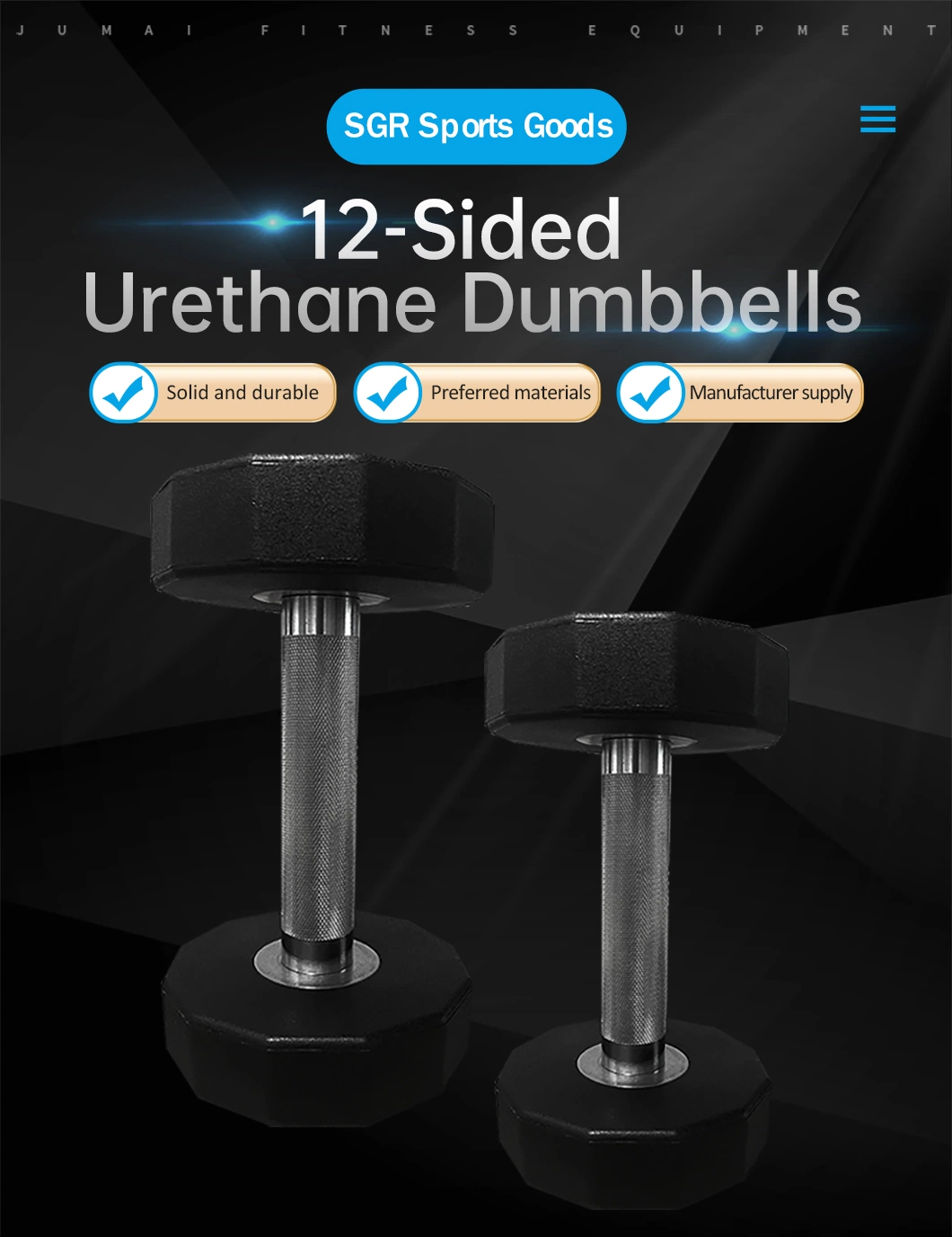 Black 12 Sided Rubber Coated Dumbbells 12 Sides Urethane Dumbbell