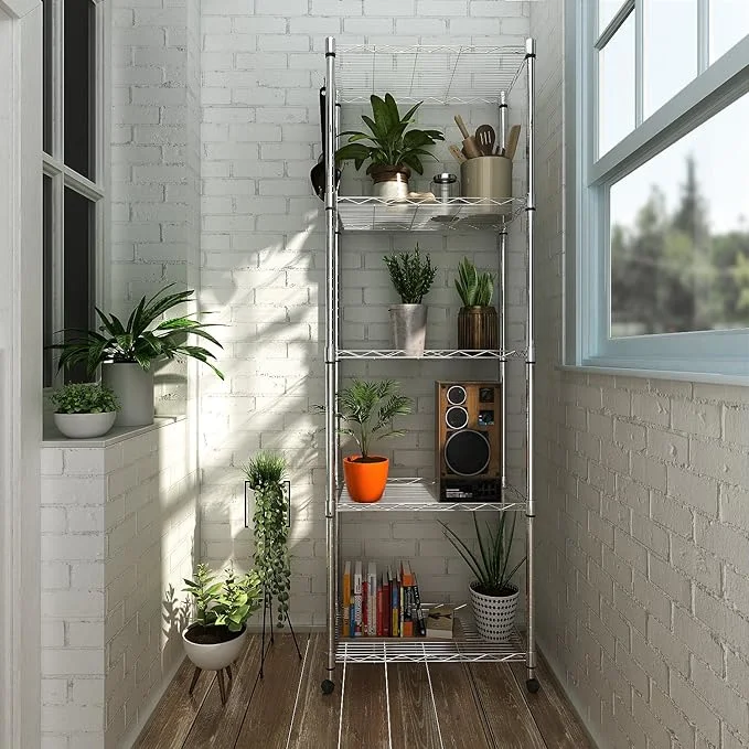 Steel Wire Shelving Unit on Wheels, Chrome Shelves for Garage Kitchen Living Room, Heavy Duty Shelving Rack