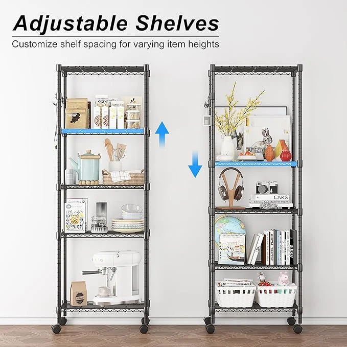 Adjustable Storage Racks and Shelving, Heavy Duty Rolling Metal Shelves with Side Hooks for Laundry Bathroom Kitchen Garage Pantry Organization, Black