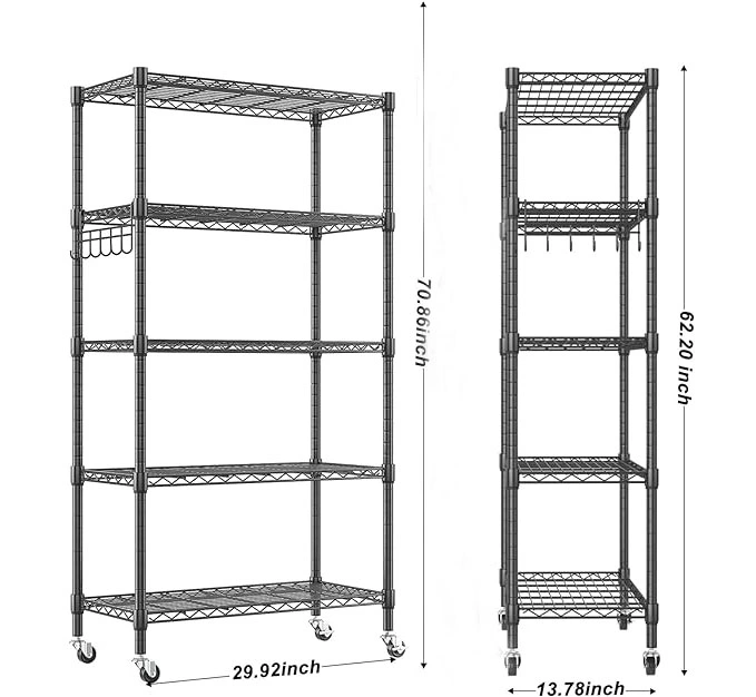 Adjustable Storage Racks with Side Hooks for Bathroom Kitchen Garage Pantry Orga Heavy Duty Wire Shelving Unit,Homdox 5 Tier Metal Storage Shelves with Wheels,