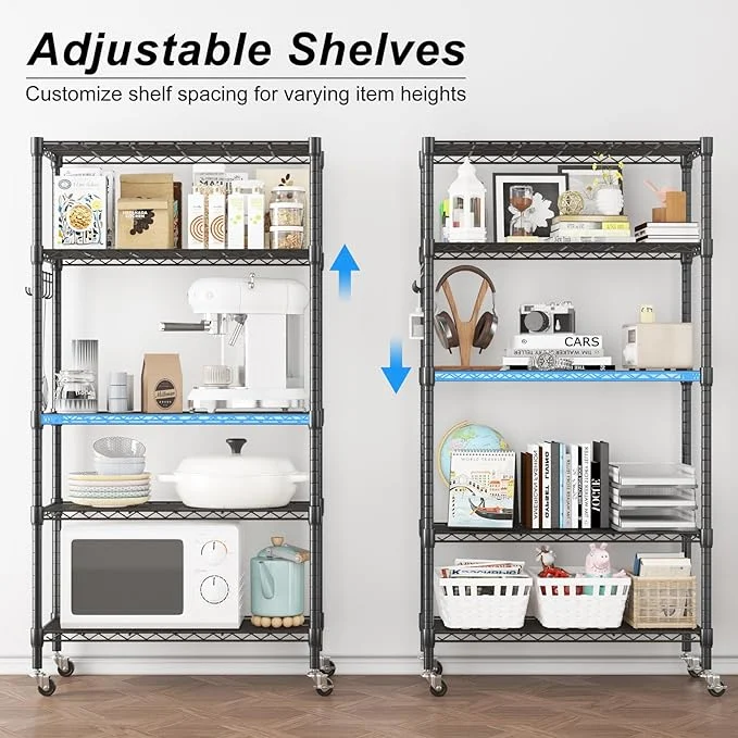 Adjustable Storage Racks with Side Hooks for Bathroom Kitchen Garage Pantry Orga Heavy Duty Wire Shelving Unit,Homdox 5 Tier Metal Storage Shelves with Wheels,