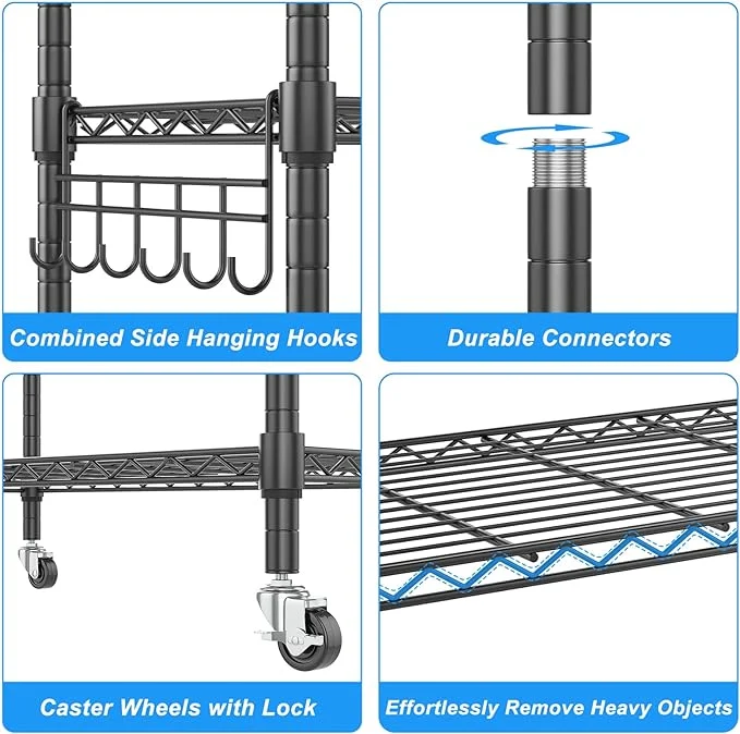 Adjustable Storage Racks with Side Hooks for Bathroom Kitchen Garage Pantry Orga Heavy Duty Wire Shelving Unit,Homdox 5 Tier Metal Storage Shelves with Wheels,
