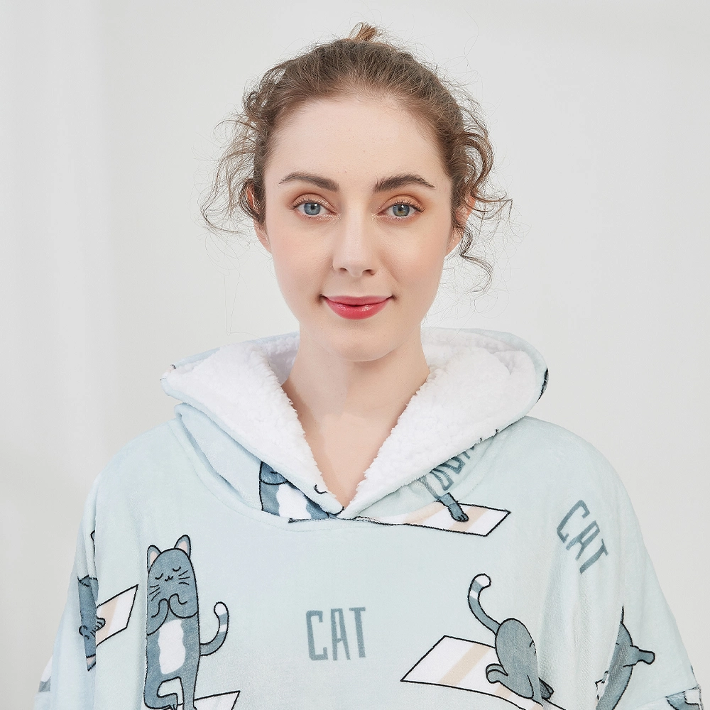Oversized Blanket Custom Design Yoga Cat Print Hoodie Blanket Wearable Adult Giant Cozy Sweatshirt Gifts for Women Men