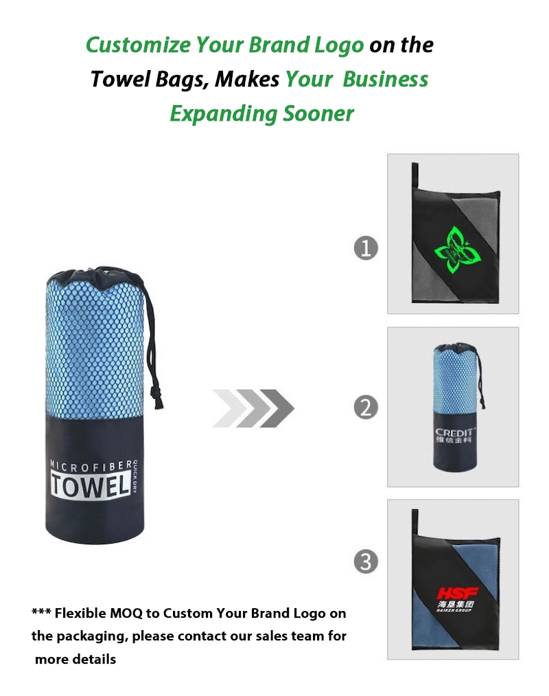 Factory Price Fast Drying Travel Yoga Gym Microfiber Towels with Loop Hanger, Bespoke Brand Logo Sand Free Beach Fitness Bath Wrap Towel with Mesh Bag Packing