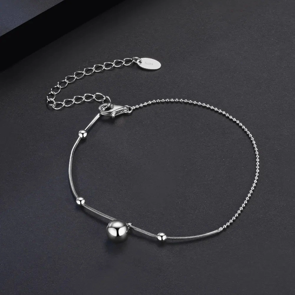 Peishang Fashion 925 Sterling Silver Half 0.9mm Width Round Snake Satellite Chain Half 1.0 Beaded Chain Adjustable Bracelet with Ball Pendant