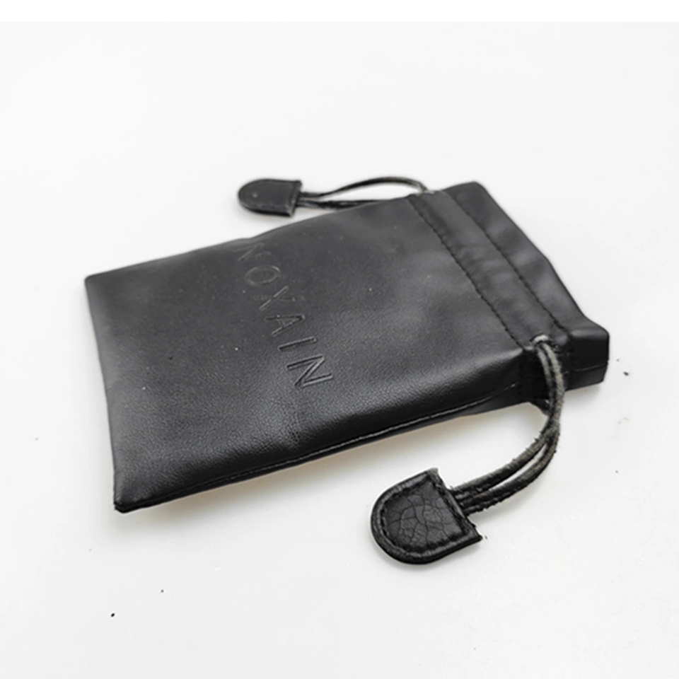 Custom Logo Print Black Drawstring PU Leather Bag for Electronic Stainless Card