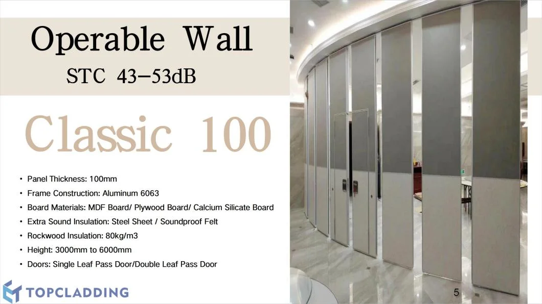 Stc 56dB Hotel Banquet Function Training Ball Room Office Acoustic Soundproof Movable Operable Sliding Folding Partition Wall