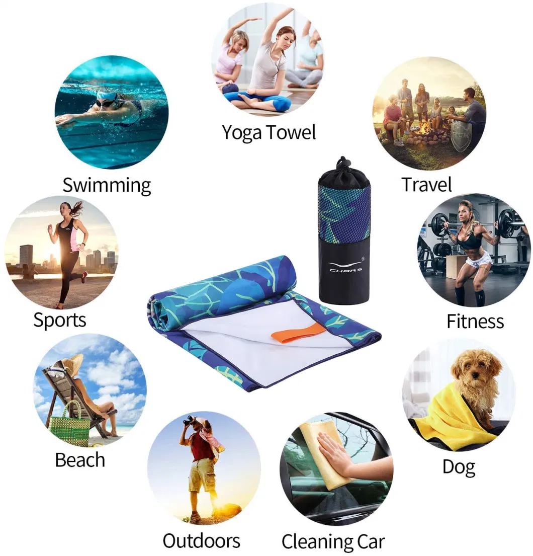 100%Polyester Custom Size Etiquette Label Weight 200GSM 250GSM 400GSM Printed Microfiber Beach Sports Yoga Towel with Mesh Bag