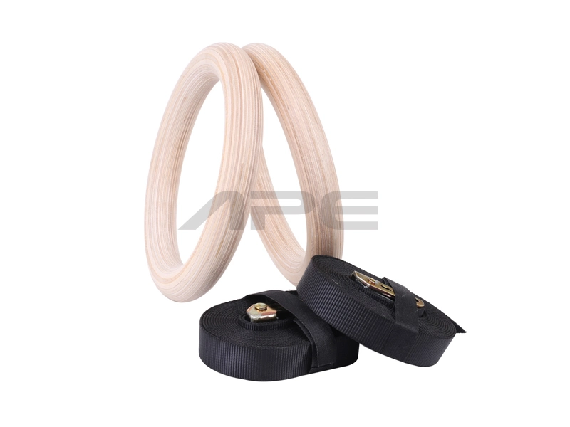 Ape Fitness Hot Sale Gymnastic Wooden Gym Rings with Nylon Straps