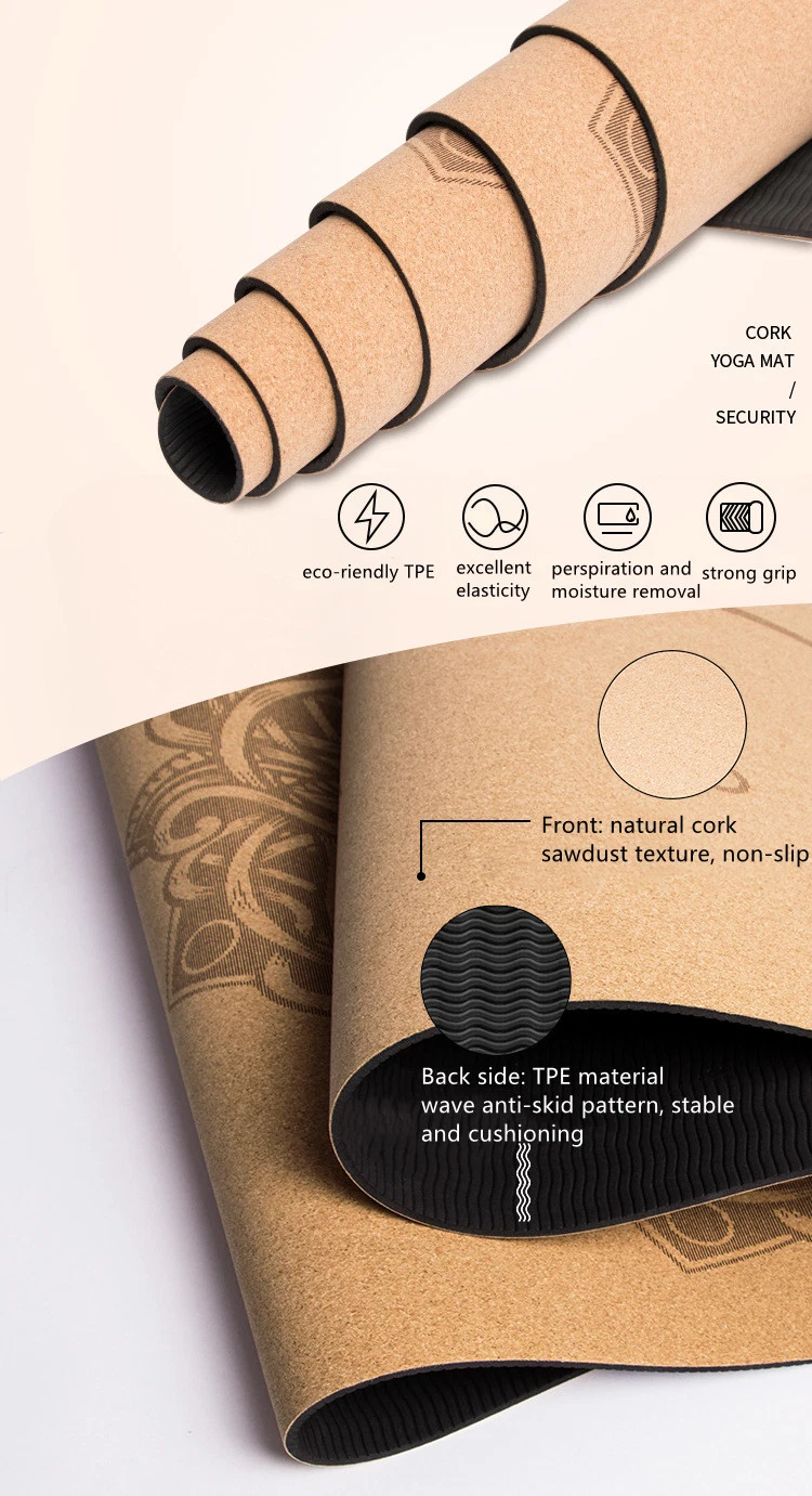 Custom Abrasion Resistant Harmless Natural Anti-Slip Eco-Friendly Cork TPE Yoga Mat