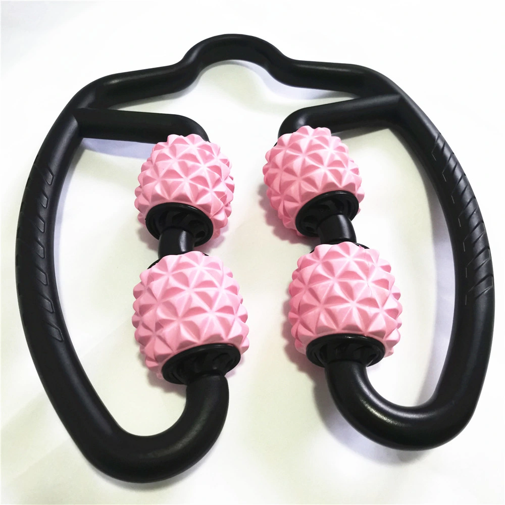 4 Wheels Yoga Ring Clip Deep Tissue Massage Roller, Pink and Gray