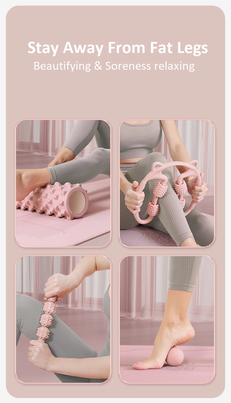 4 Wheels Yoga Ring Clip Deep Tissue Massage Roller, Pink and Gray