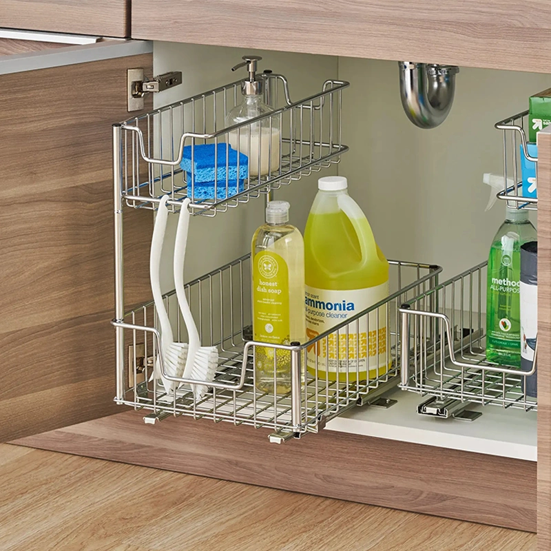 2 Tier Pull out Cabinet Storage Organizer Under Sink Kitchen Storage Rack with Sliding