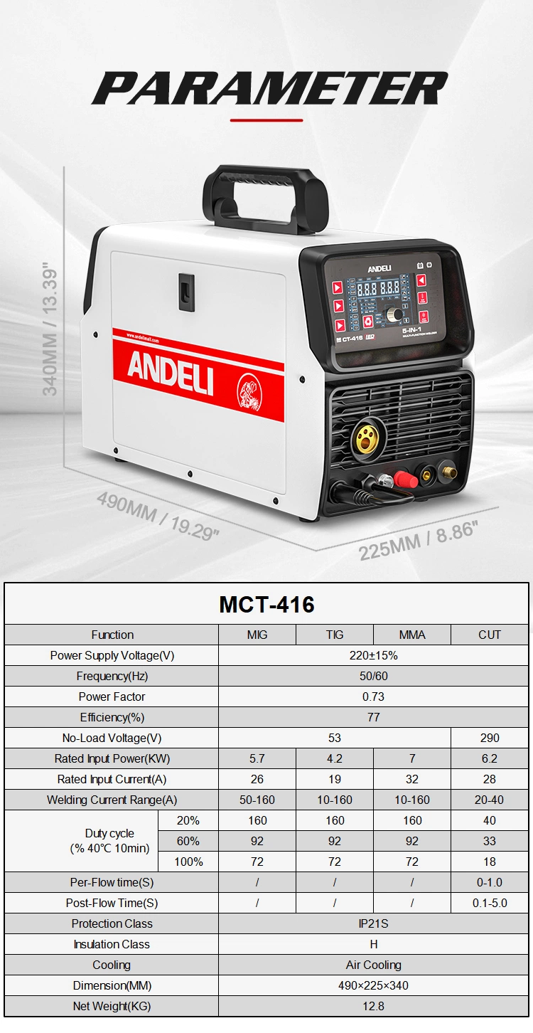 Andeli Semi-Automatic Welding Machine 110V/220V Mct-416 MIG TIG MMA Cut 4 in 1 Multifunctional Welder Gasless Welding MIG Welder