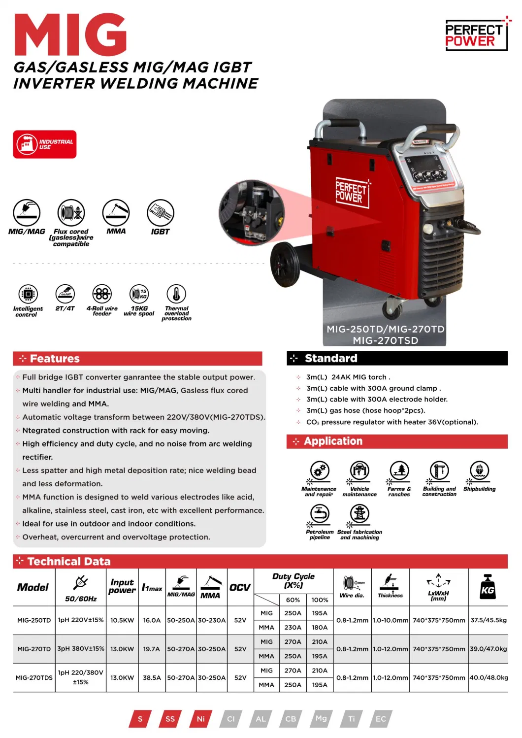 Soldador MIG MIG-250td Gas Gasless CO2 MIG Welding Machine 4 in 1 3 in 1 Mag MMA MIG Welder