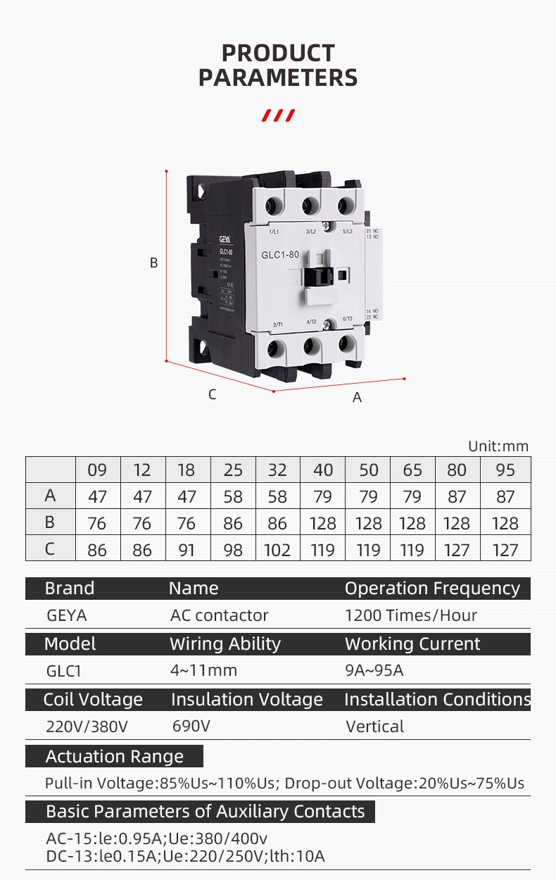 Geya Glc1-80 110V 220V 380V 660V 50/60Hz Contactor Magnetic Electrical AC Contactor