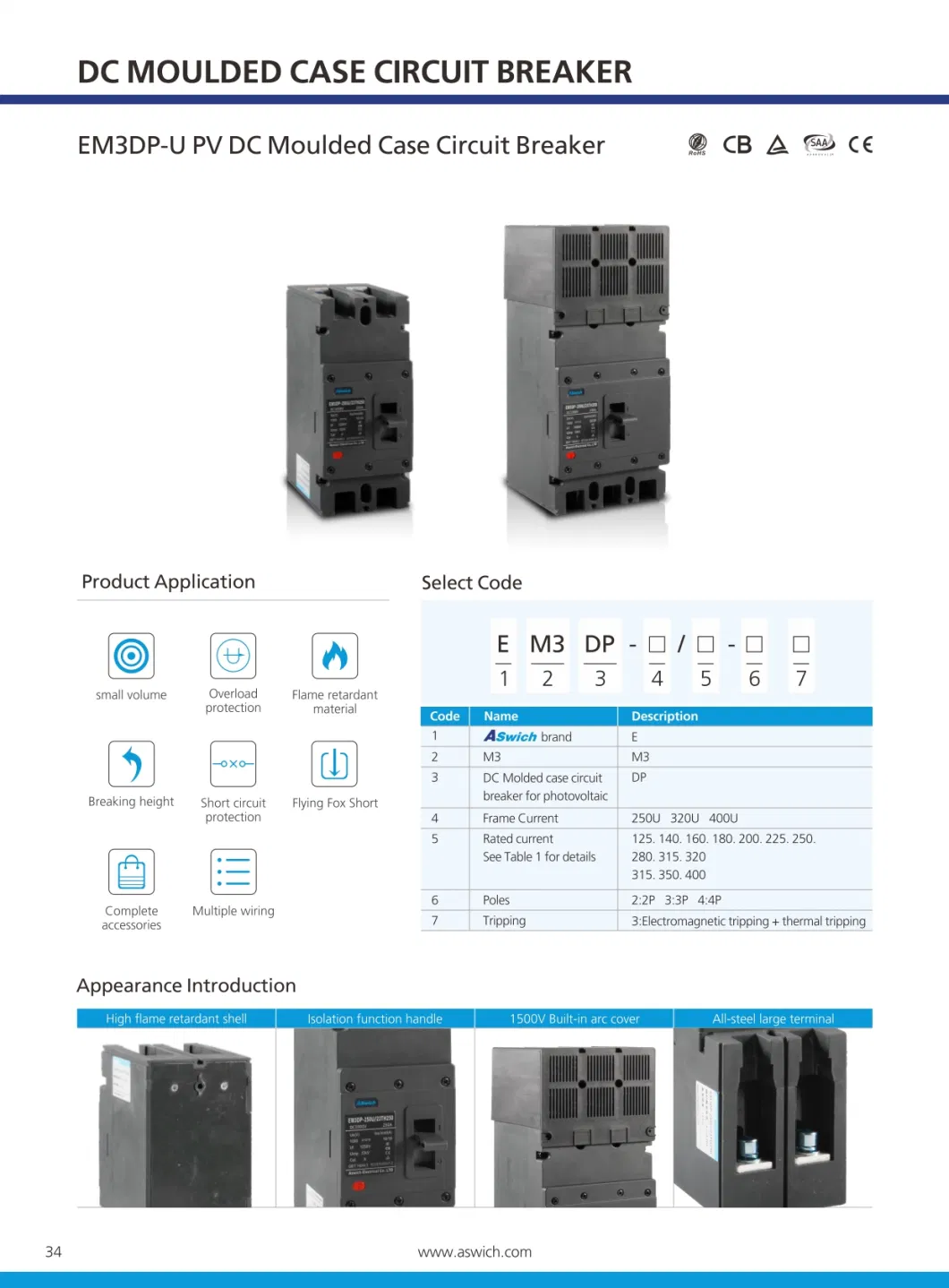 Aswich DC MCCB PV 2p 500V 3p 1000V 80A to 250A Mould Case Circuit Breaker