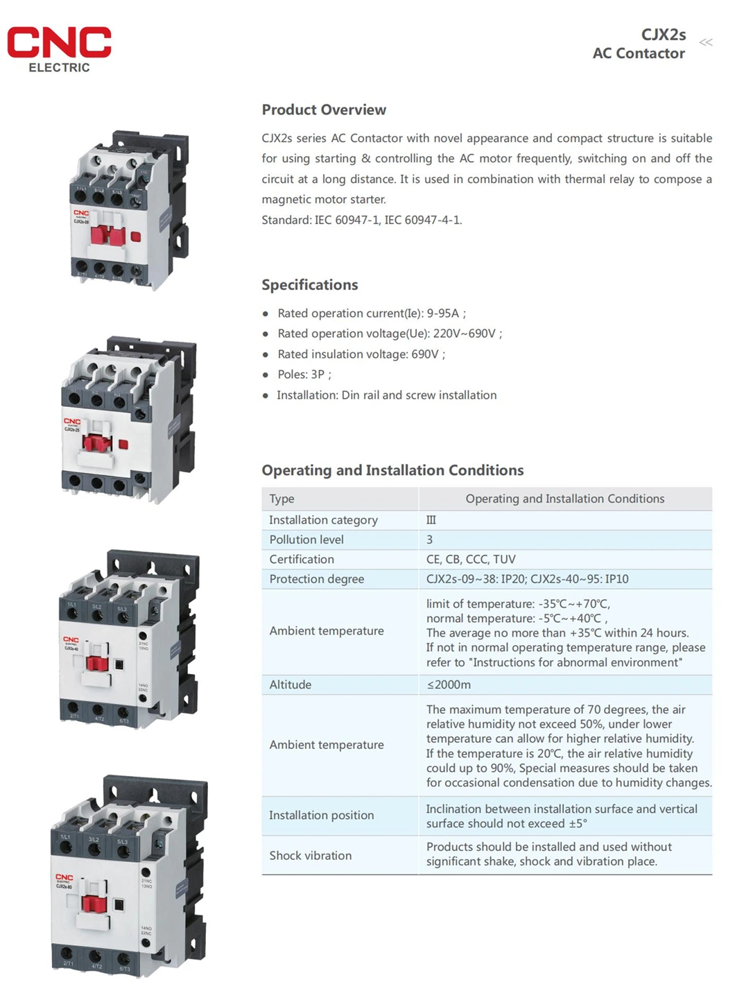 CNC Cjx2s-65 50Hz 65A 3p 110V 1no +1nc AC 3 Poles Magnetic Contactor