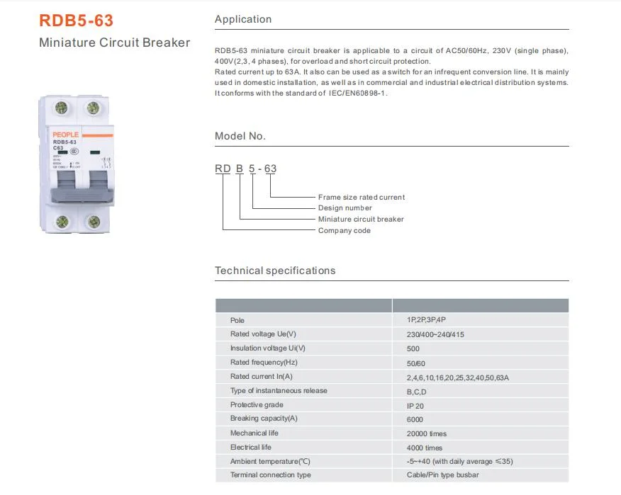 People Rdb5-63 Series 1p 10A Switch AC/DC MCB Miniature/Mini Circuit Breaker 2p/3p/4p Air Circuit Breaker with CE