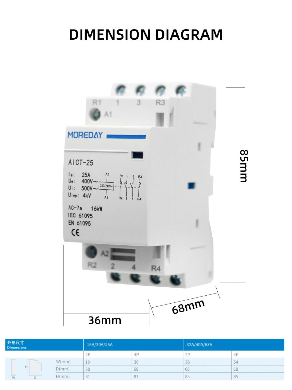 Household Contactor AC 2p 20A 25A 2no or 2nc or 1no1nc 220V Coil Automatic Home Use Contactors DIN Rail