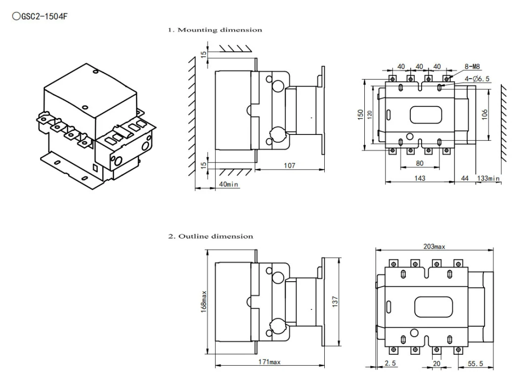 GSC2-4F 4 pole contactor from 115A to 800A 4NO