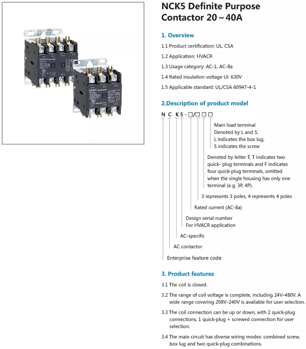 Chint Nck5 Nck5-25/1 Nck5-25/2 Nck5-32/1 Nck5-32/2 Nck5-40/1 Nck5-40/2 25A 32A 40A Air Conditioner Definite Purpose Contactor