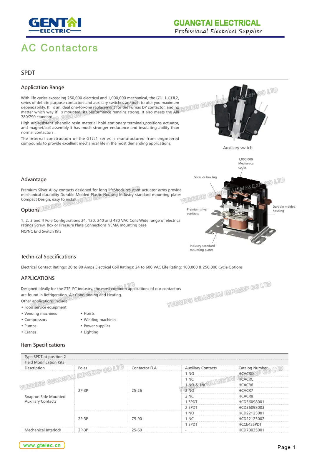 HVAC Motor Definite Purpose 2p 30A Coil 24/120/240VAC Dp AC Contactor