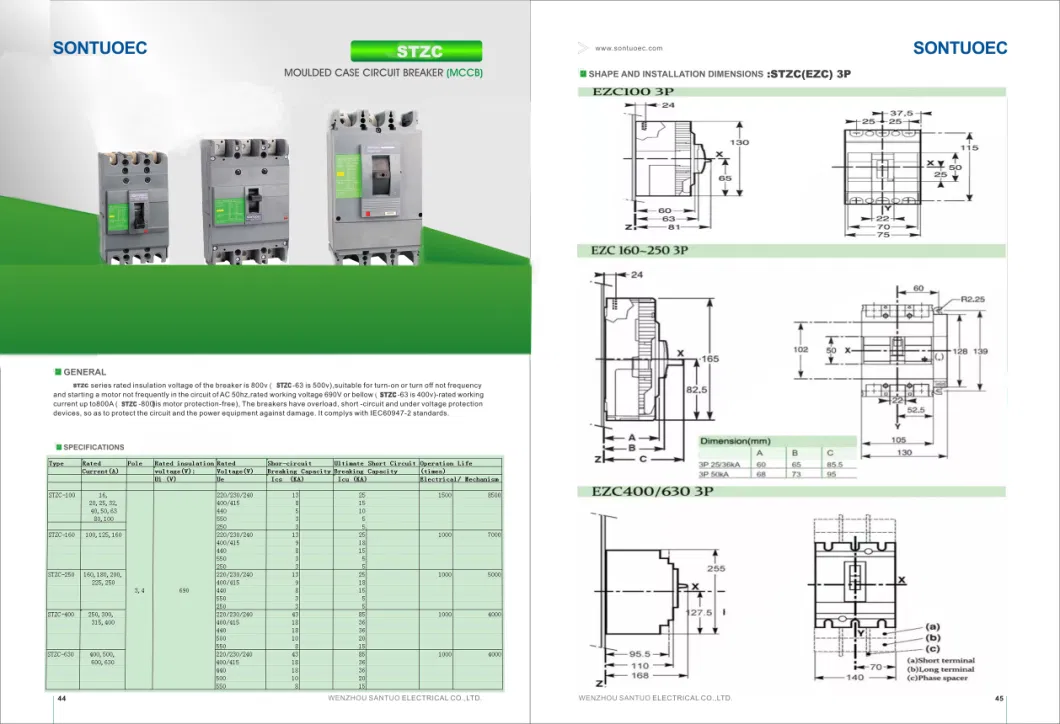 MCCB Series Molded Case Circuit Breaker 63A, 100A, 160A, 250A, 400A, 630A