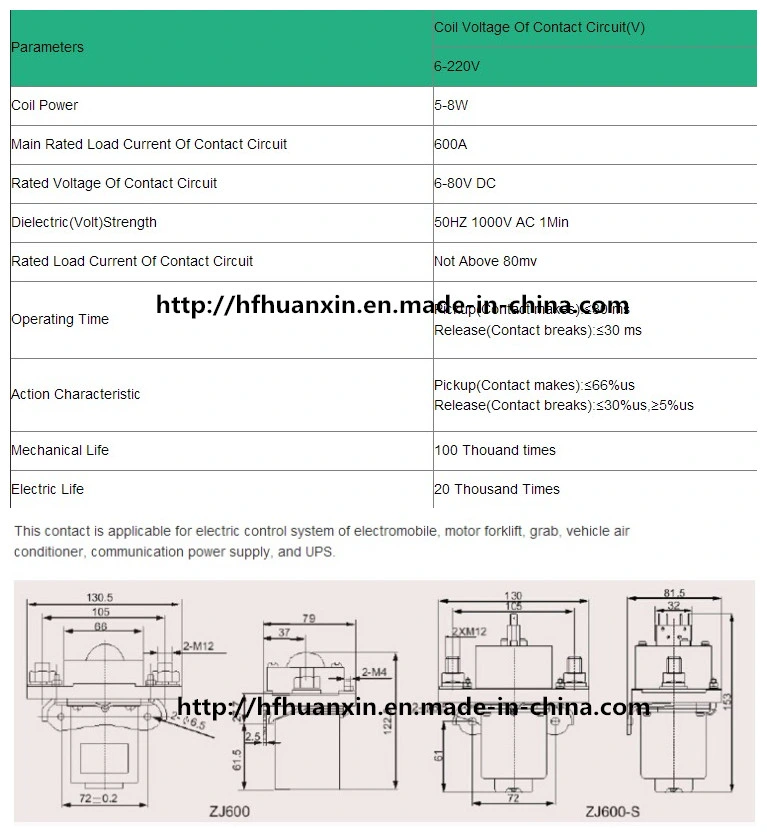 Zj600A 12V 24V 600A Magnetic DC Power Contactor Electric Relay