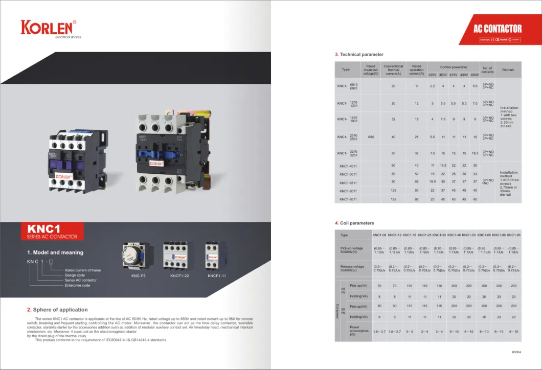 Korlen AC Contactor LC1 Cjx2 Type 9A to 95A Knc1 Contactor