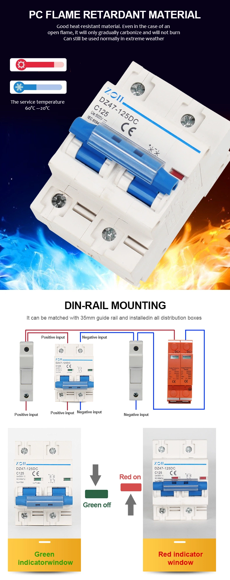 Double 2 Poles DC 500V Dz47-125 80A 100A 125A MCB Household Air Switch Machine 10ka Overload Protection Miniature Circuit Breaker
