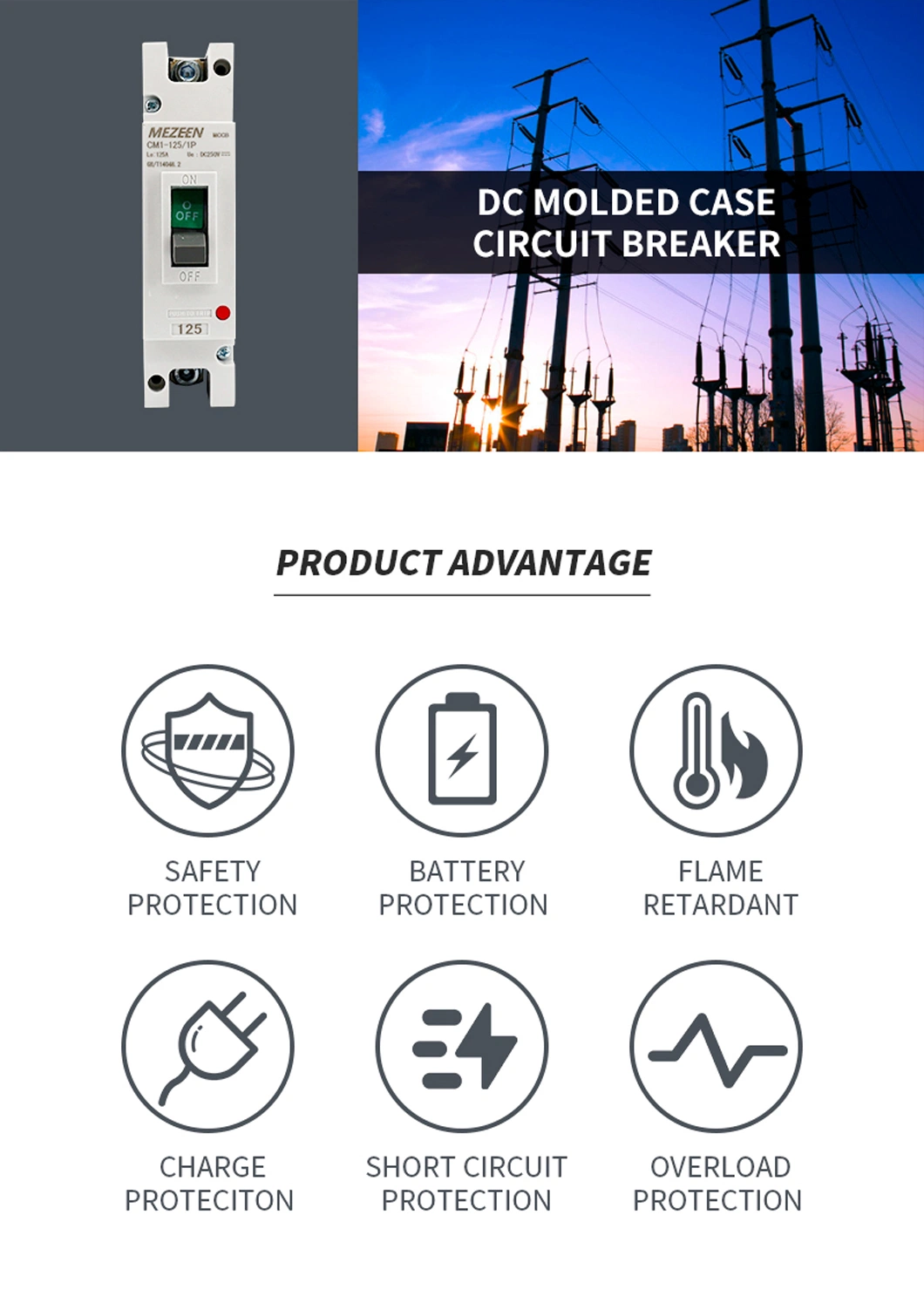 Professional DC Moulded Case Circuit Breaker Switch 1p 500V 125A DC MCCB