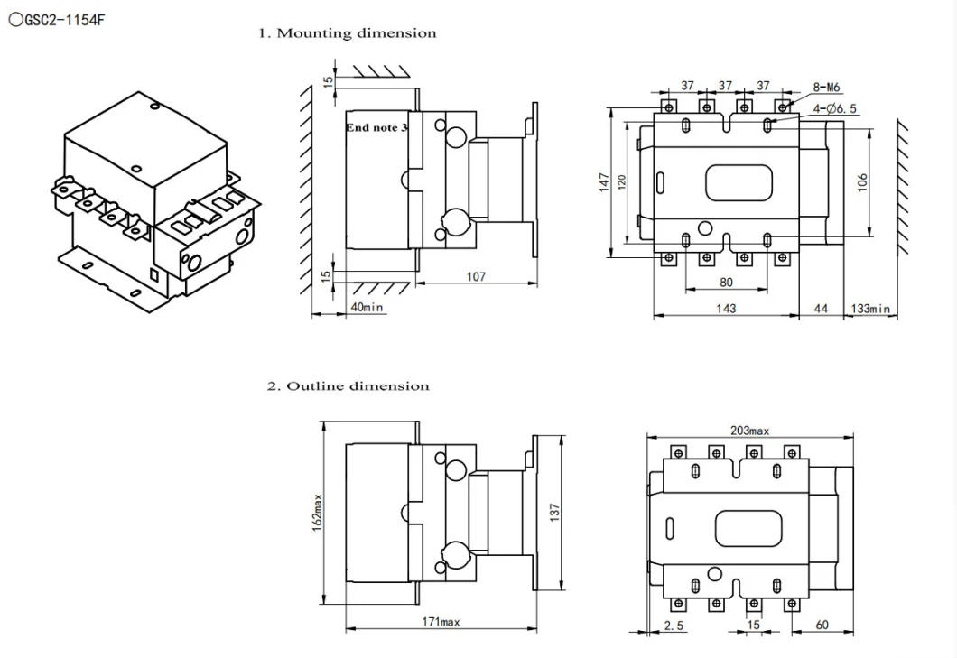 GSC2-4F 4 pole contactor from 115A to 800A 4NO