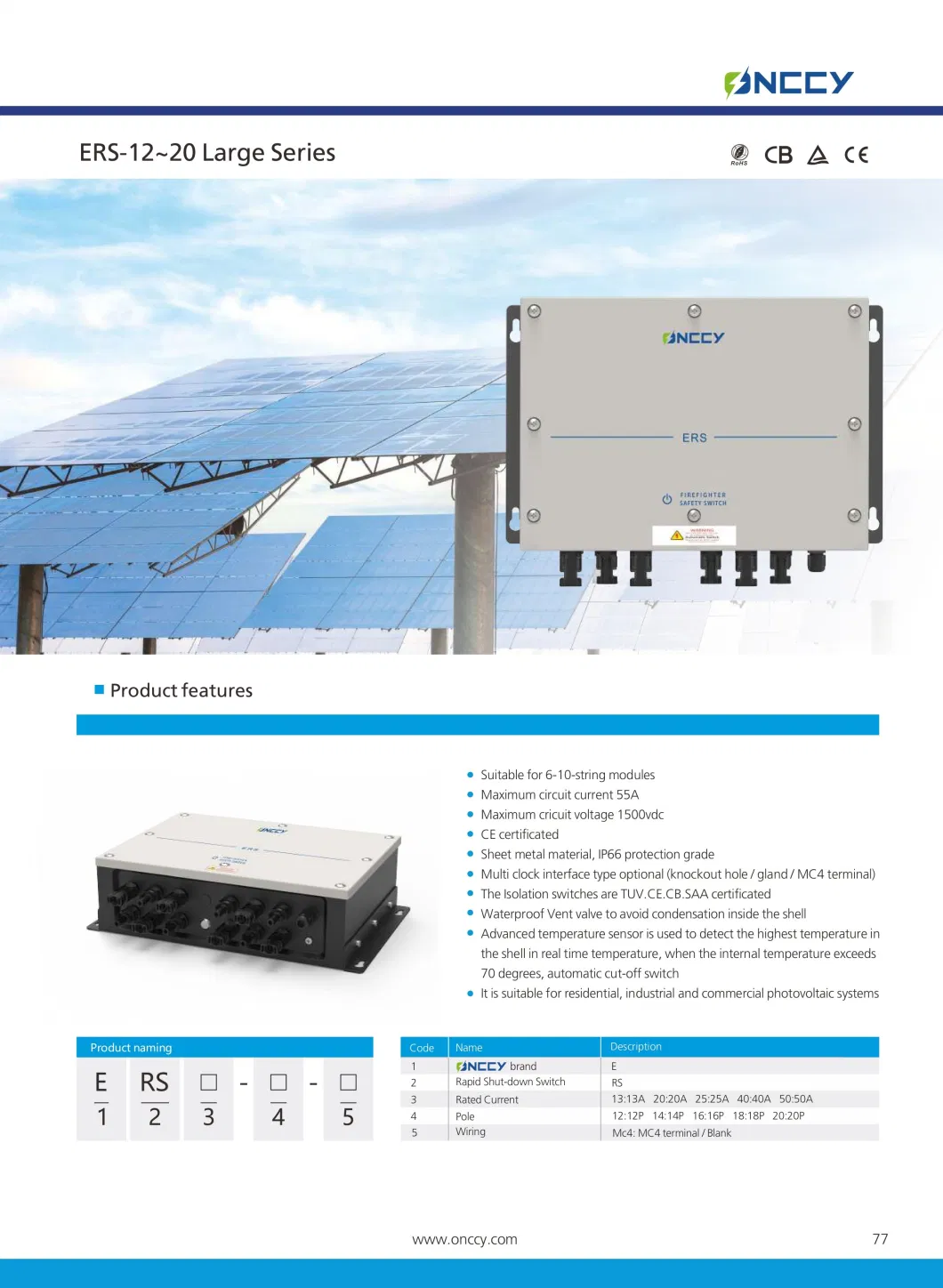 Onccy Hot Sales Price Module Level 1500VDC Rapid Shutdown Switches 6-8 Strings