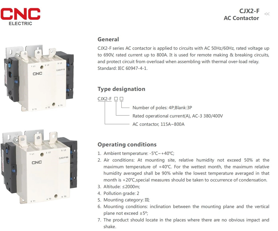 CNC Electric Cjx2-F High Quality 3 Phase 220V 50/60Hz 630A Electrical AC Magnetic Contactor